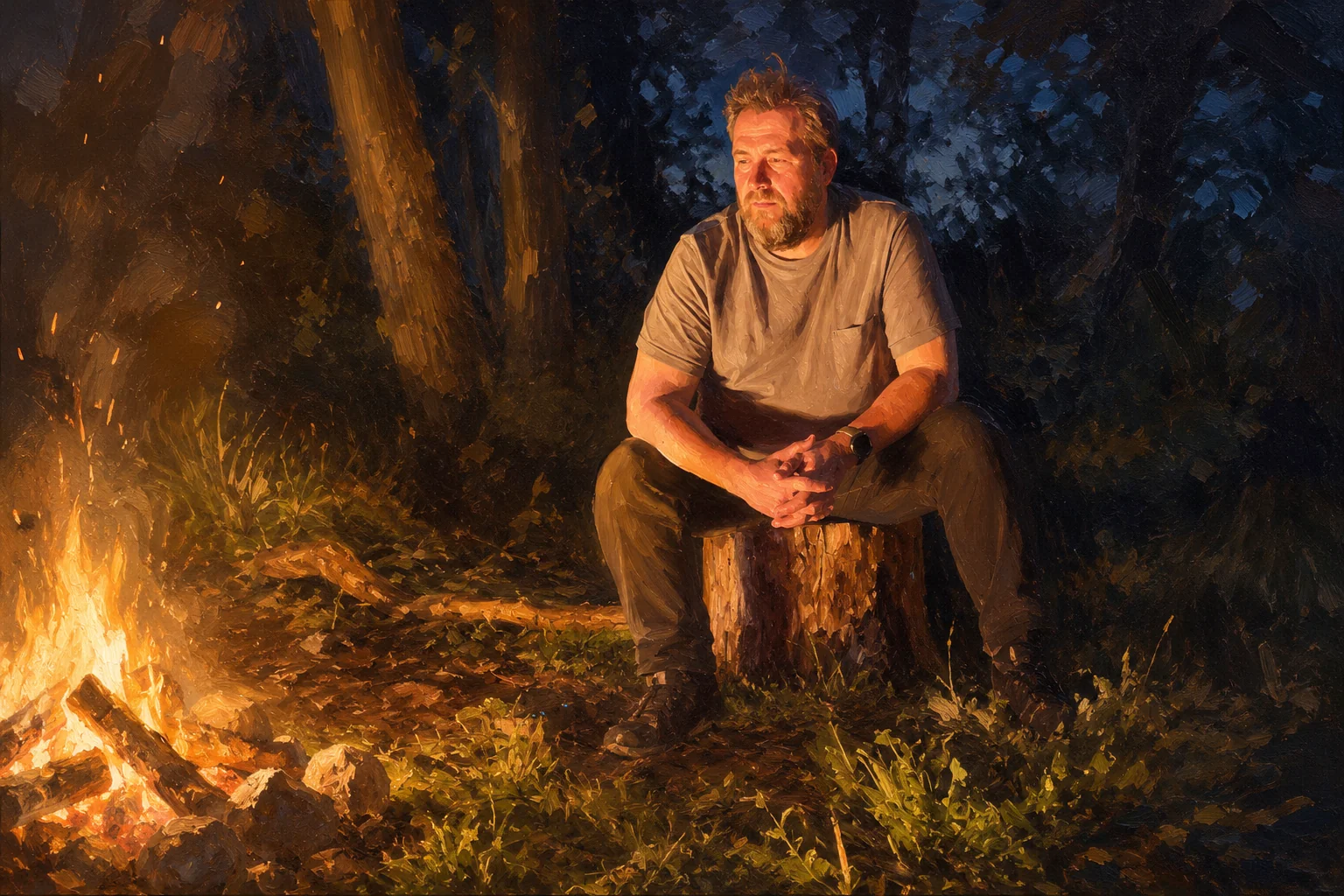 Steve sitting on a tree stump beside a glowing campfire at night in a painterly illustration style, firelight warm on his face and hands against the dark woodland
