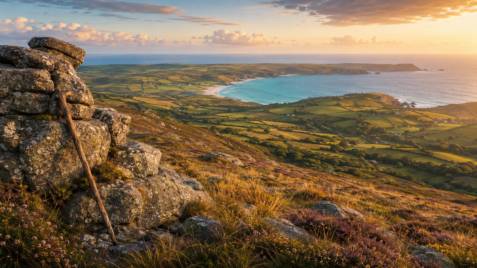 A view from a granite tor with a wooden walking stick leaning against it, across patchwork Cornish fields and moorland down to a turquoise bay at golden hour