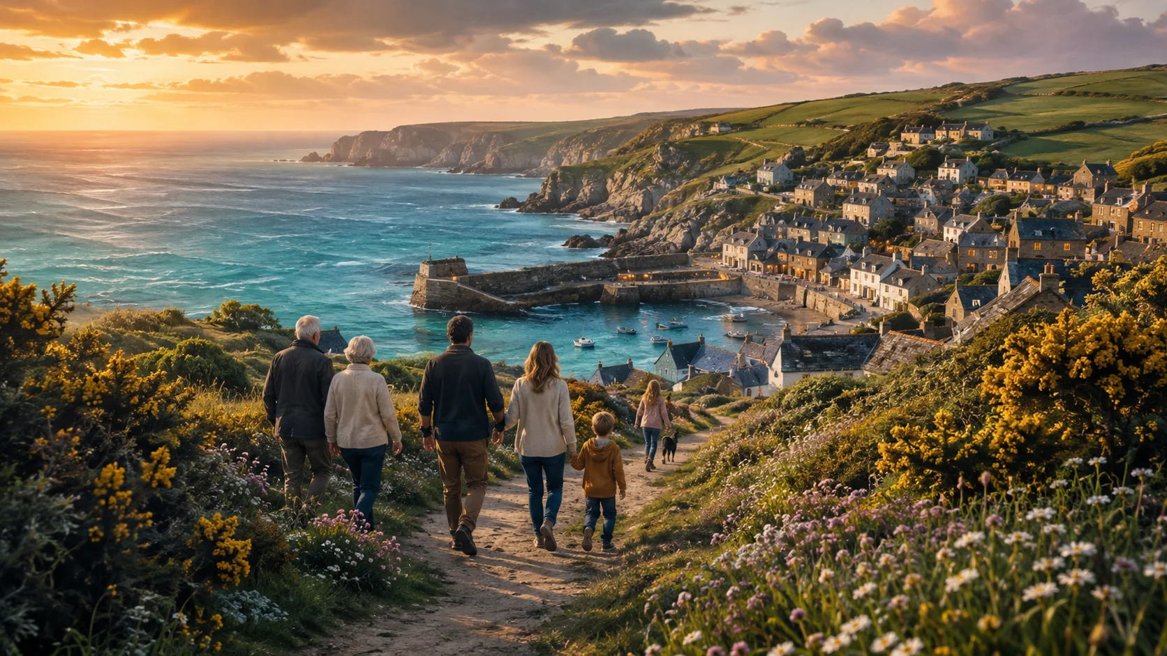 A multi-generational family and their dog walking a wildflower-lined coastal path down toward a Cornish fishing village and harbour at golden sunset