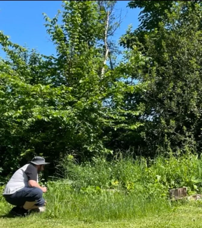Steve crouching beside the wildlife pond at the edge of the meadow with tall trees behind